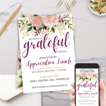 elegant floral appreciation luncheon party invitation with gold accents